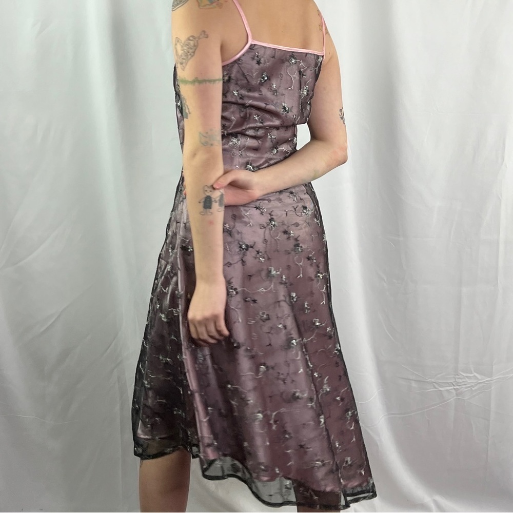 Beautiful Pink Gown with Black Mesh,  Pink Floral Appliques and Asymmetrical Hem - Picture 3 of 11